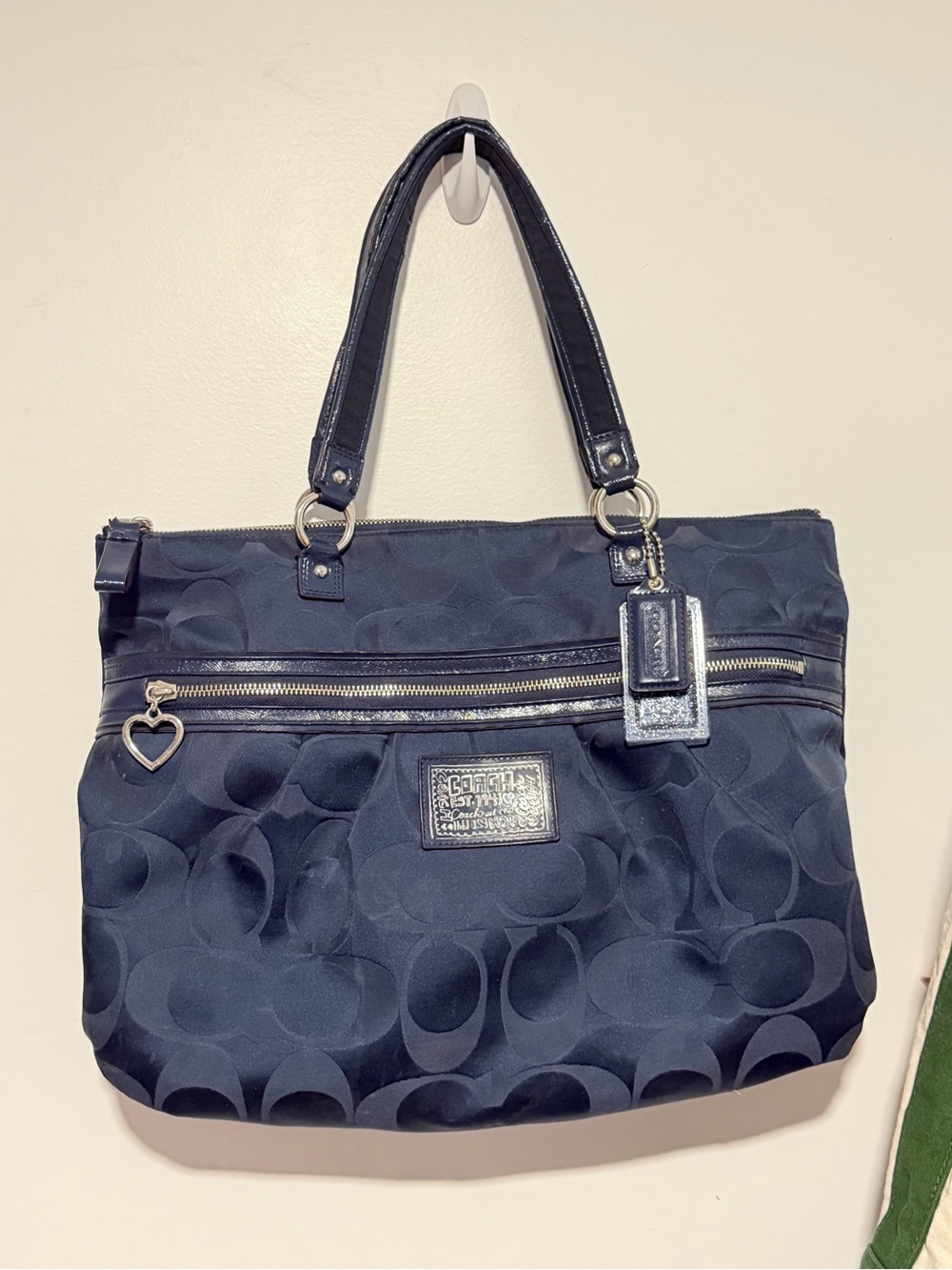 Coach Navy Signature Poppy Tote with Heart Charm